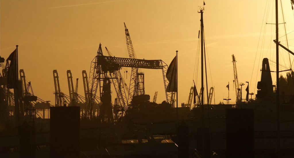 Hamburg port evening lights Germany harbor