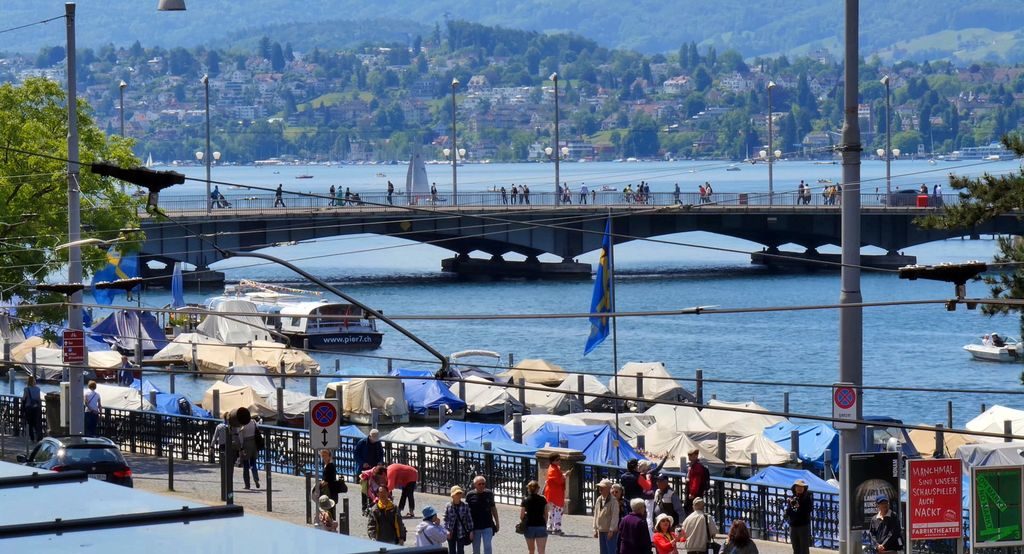 Limmat river flowing through historic Zurich center