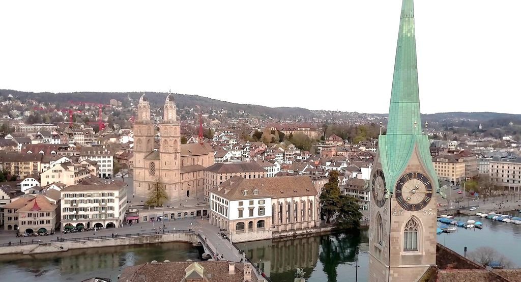 Fraumunster Church Zurich green spire and stained glass