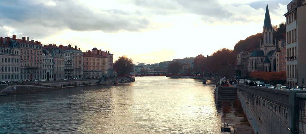 Church of St. George Neo-Gothic architecture on Saône riverbank Lyon