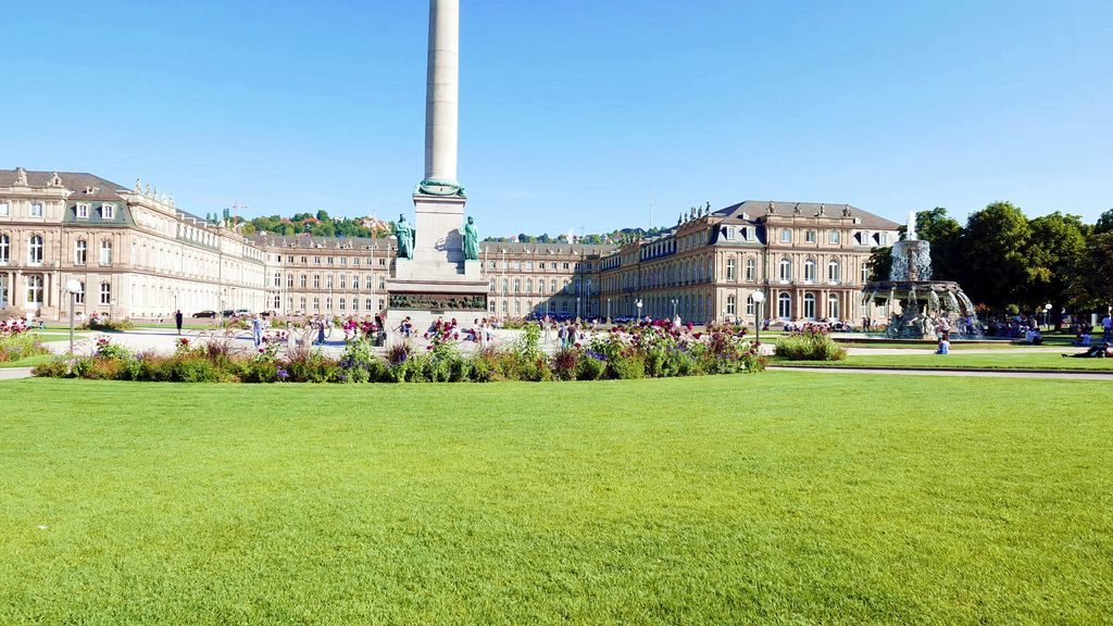 Schlossplatz Palace Square in Stuttgart with column monument and New Palace, Germany
