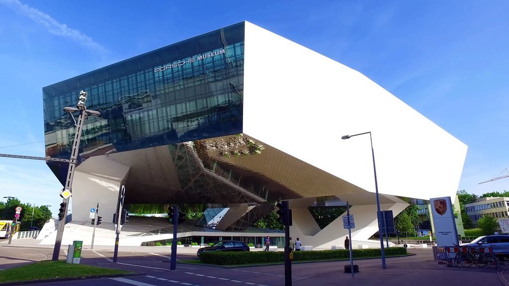 Porsche Museum in Stuttgart-Zuffenhausen displaying classic and modern Porsche sports cars, Germany