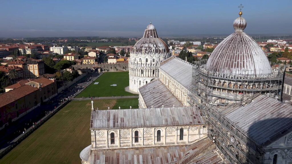 View from the top of the Leaning Tower of Pisa over the Square of Miracles
