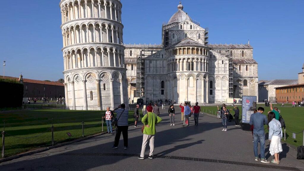 Detailed view of Leaning Tower of Pisa columns and marble facade