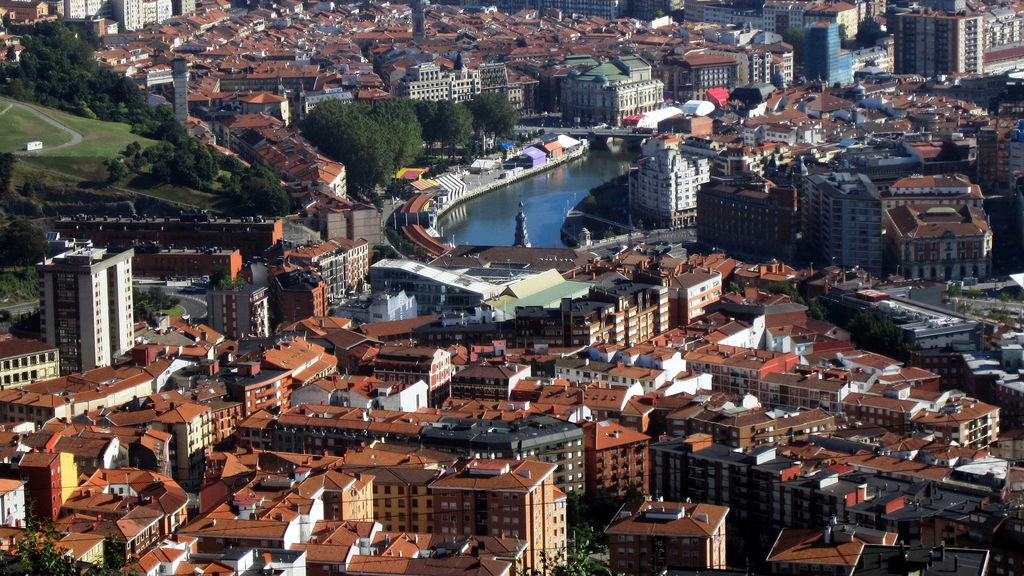 Panoramic view of Bilbao city center and surrounding hills