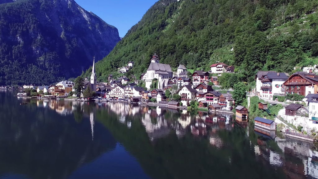 Panoramic landscape of Hallstatt village Austria by the lake