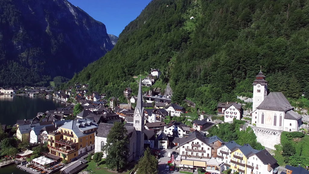 Panoramic view of Hallstatt village and lake Austria