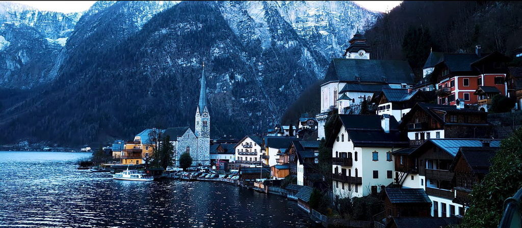 Scenic view of Hallstatt Austria in winter with snow-covered Alps
