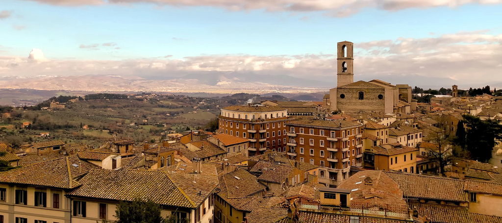Panoramic view of Perugia cityscape with medieval buildings