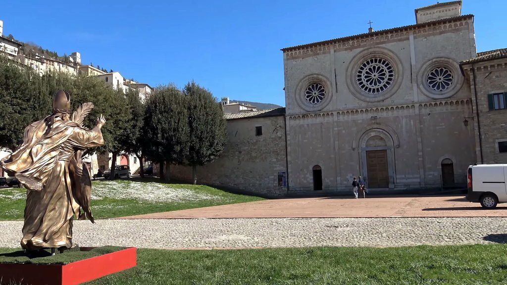 San Pietro Abbey church exterior with bell tower