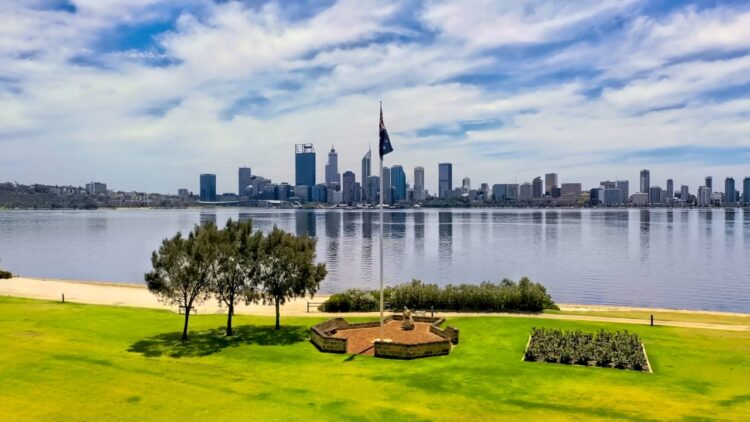 Australian flag waving against blue sky