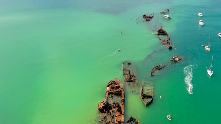 Scuba diving at Great Barrier Reef with colorful corals