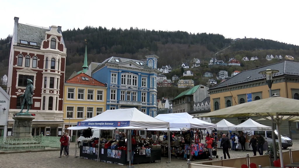 Central square and historic buildings in Bergen Norway