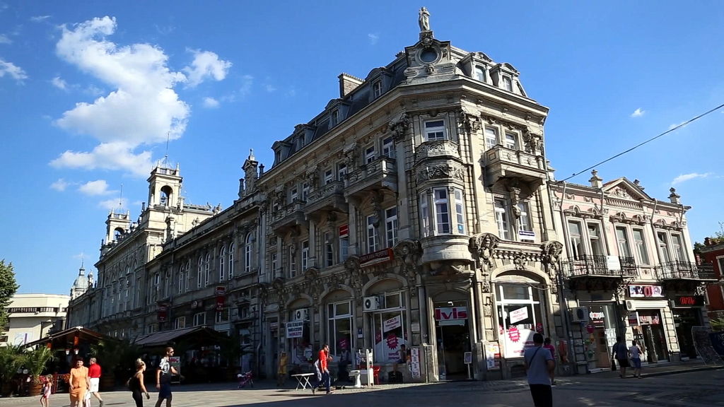 Picturesque Aleksandrovska Street in Ruse, lined with 19th-century buildings and shops