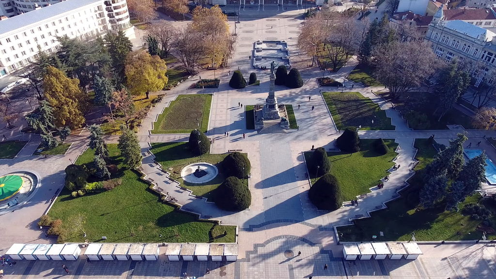Svoboda (Freedom) Square in Ruse, Bulgaria, surrounded by elegant historical buildings