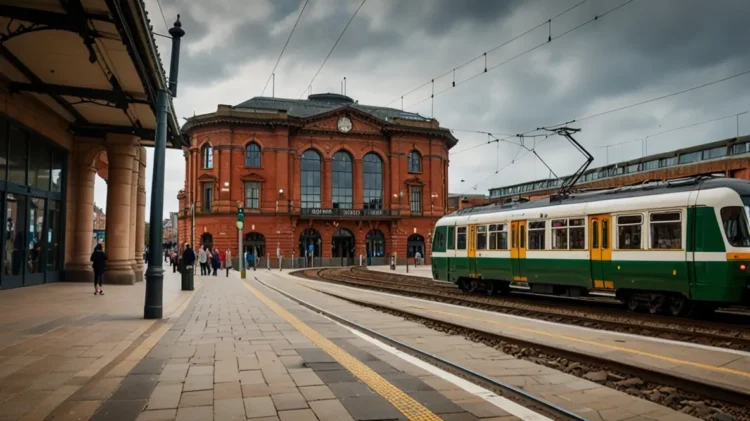 Nottingham Train Station historic facade with modern tram passing in foreground