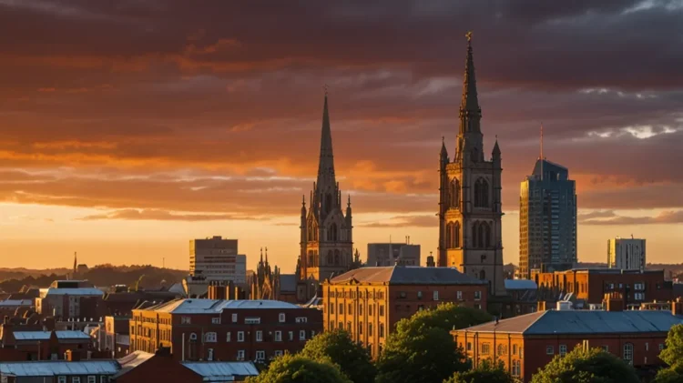 Sunset view of Nottingham skyline showing mix of historic spires and modern architecture