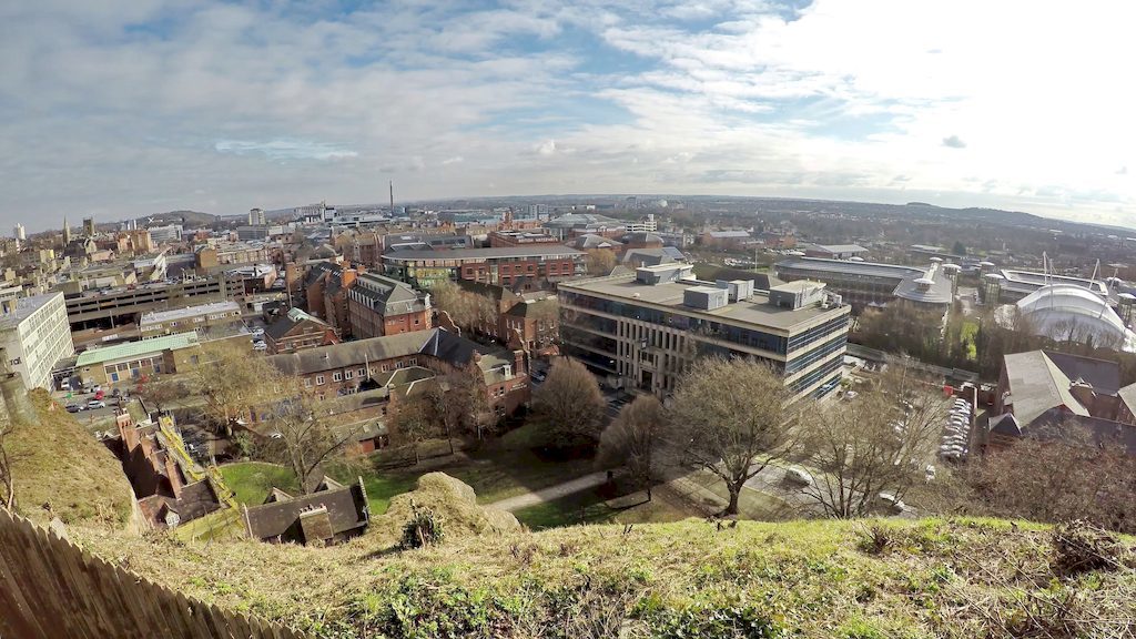 Panoramic skyline view of Nottingham showing historic landmarks and modern buildings