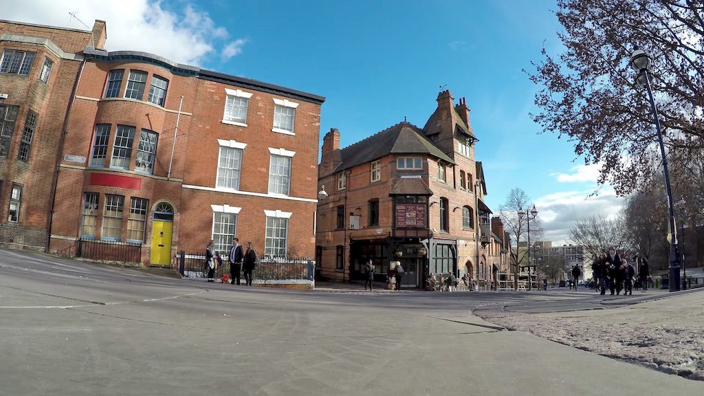Historic cobblestone streets of Nottingham featuring traditional English architecture
