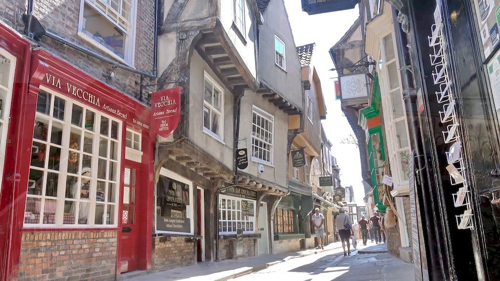 Medieval cobblestone streets of York with traditional English architecture