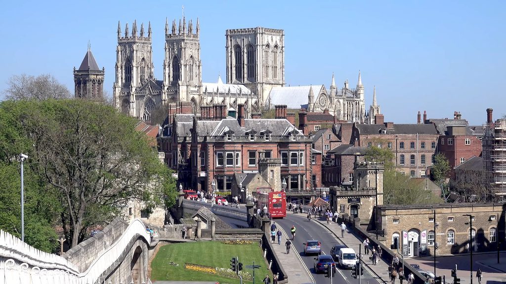 York skyline aerial view with York Minster cathedral dominating the cityscape