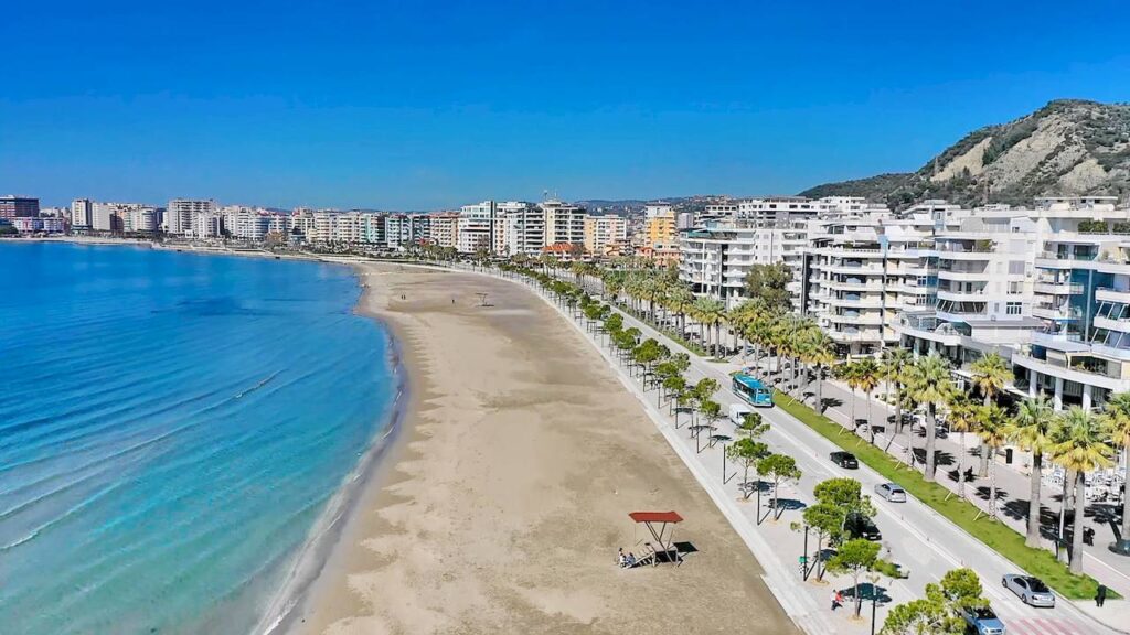 Scenic panorama of Vlora, Albania with the coastline and mountains