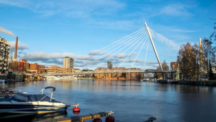 Panoramic view of Tampere city center with historic architecture and lakes