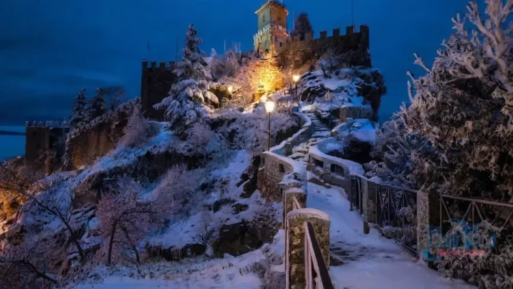 Winter in San Marino - snowy medieval streets and towers