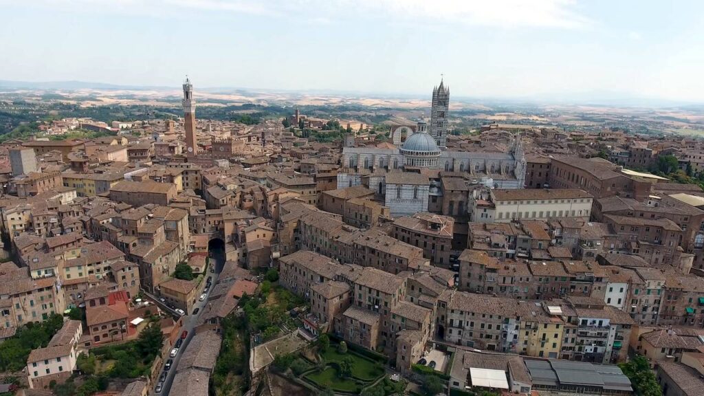 Aerial panorama of Siena cityscape Tuscany