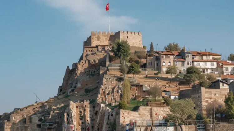 Ancient citadel on a hill in Ankara. Parts of walls and towers are preserved.