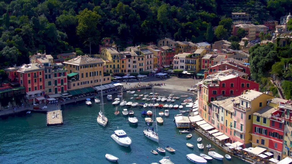 Panorama of Portofino - picturesque Ligurian bay with colorful houses