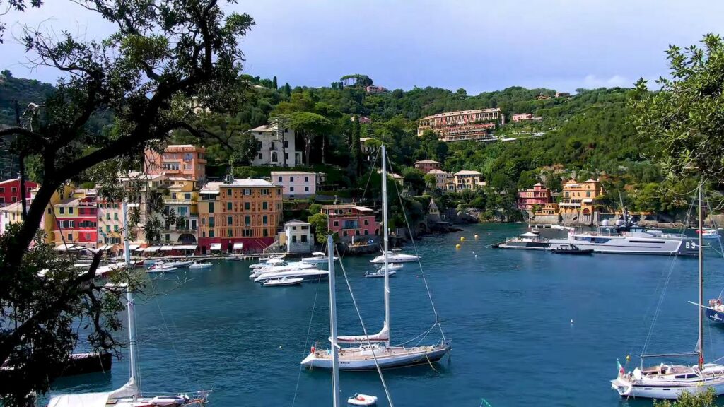 Central street of Portofino - Via Roma with traditional architecture