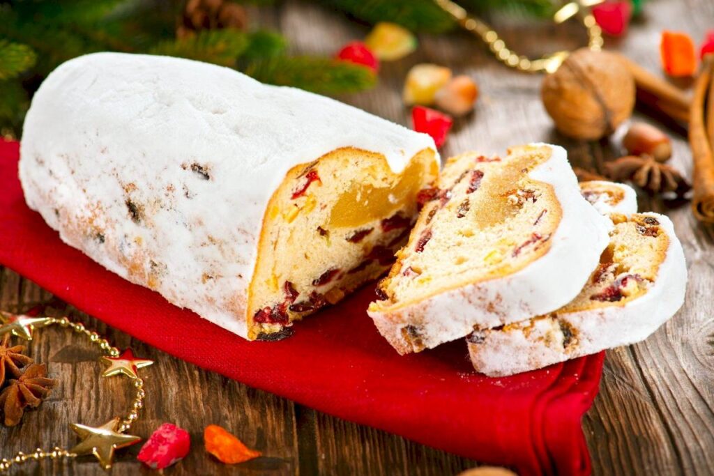 Traditional German Christmas Stollen with dried fruits and nuts