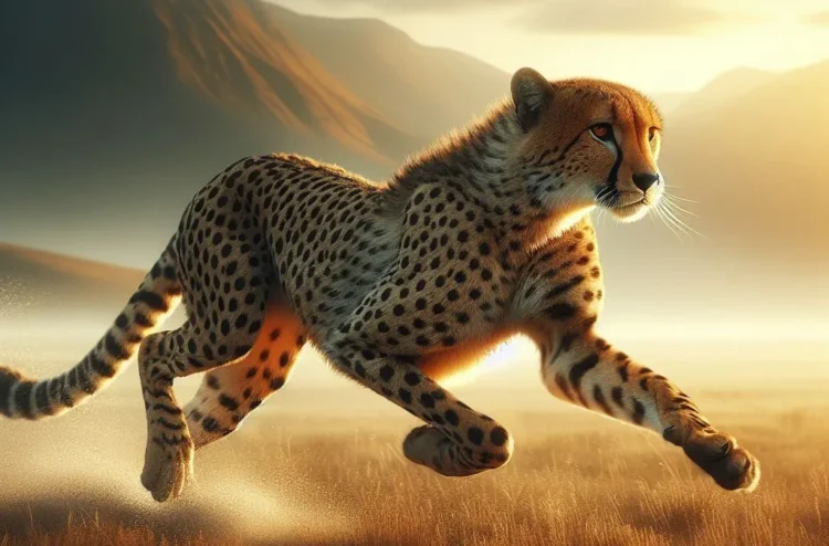 Cheetah sprinting at full speed across African savanna