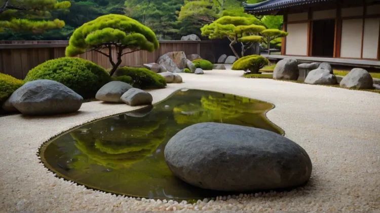 Modern Japanese garden design featuring natural stone composition and moss gardens
