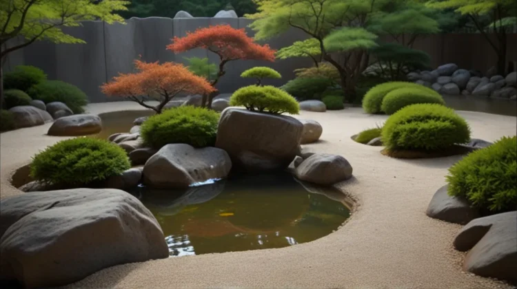 Traditional Japanese rock garden with carefully arranged stones and raked gravel patterns