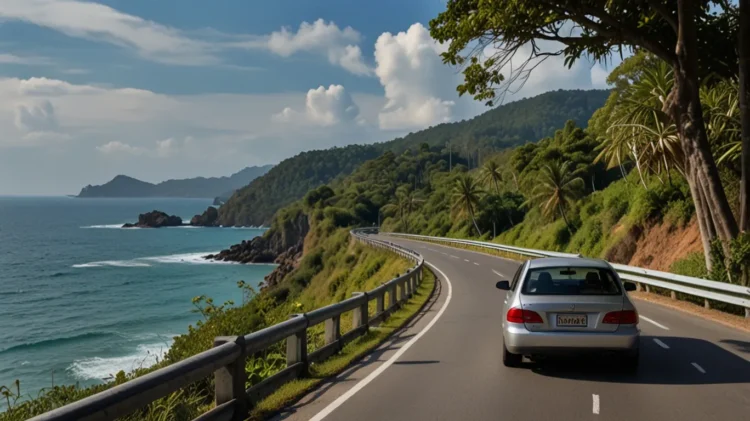 Car driving on scenic coastal road in Phuket, Thailand