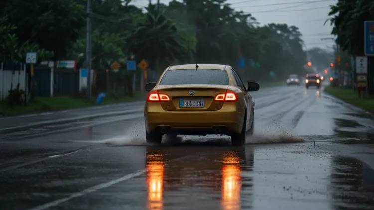 Car driving through heavy rain on a Thai highway