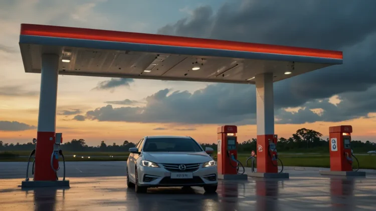 Modern gas station in Thailand with attendant filling up a car