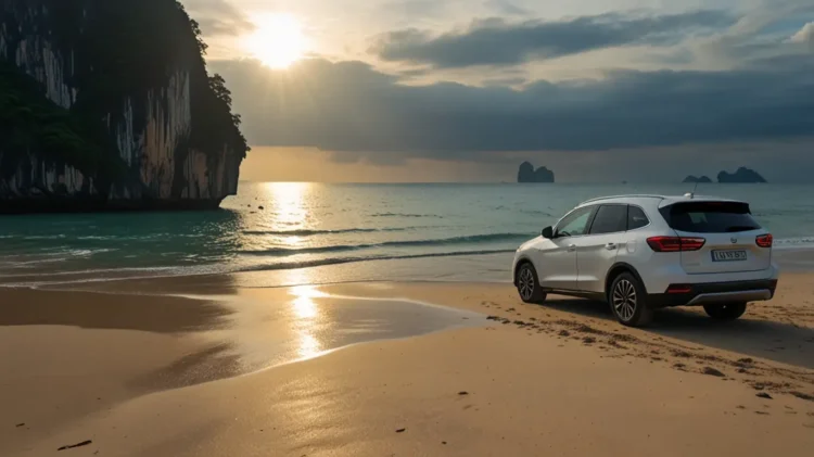 Rental car parked near a beautiful beach in Krabi, Thailand
