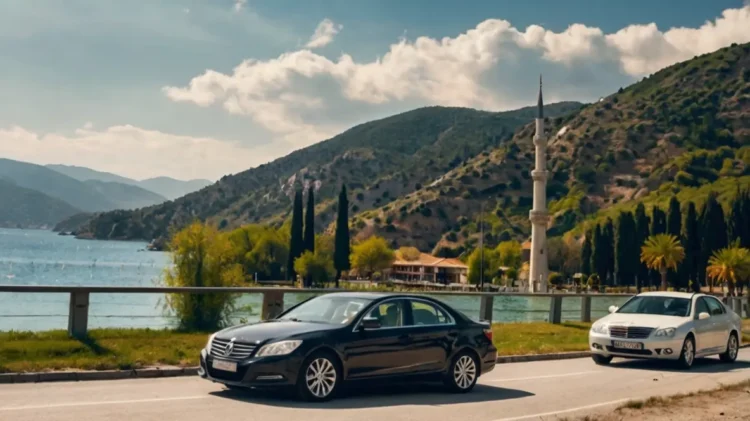 Rental car driving along the Turkish coast with blue sea and mountains in the background