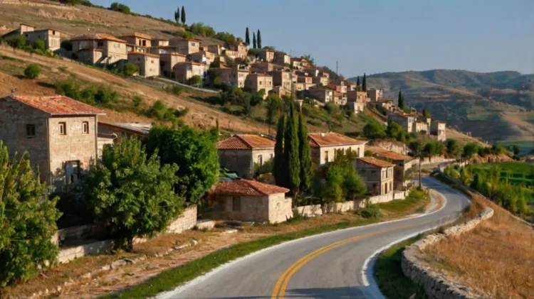 Scenic winding road in rural Turkey with traditional village in the distance