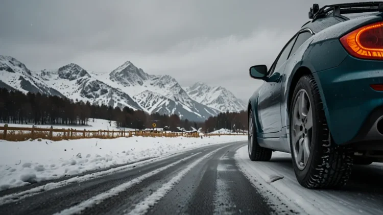 Car equipped with snow chains driving on a snowy road in the Pyrenees mountains