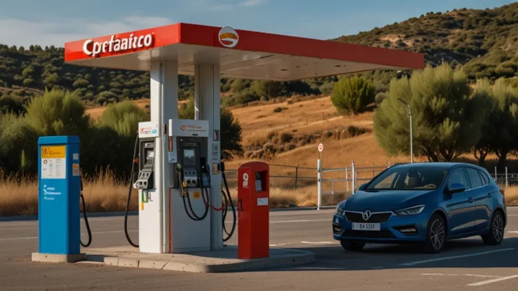 Self-service gas station in rural Spain with instructions in Spanish