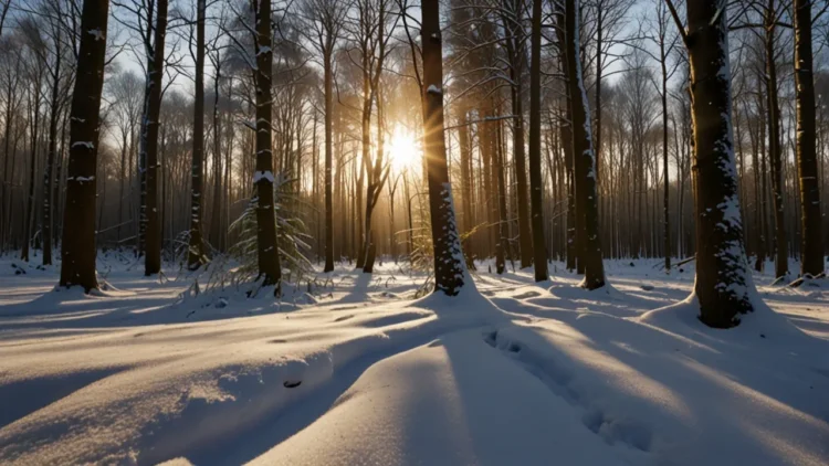 Sunlight breaking through snowy forest branches, symbolizing winter cold and short days.