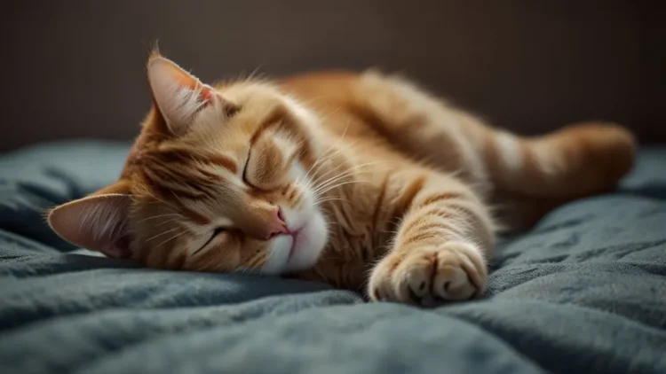 Adult cat sleeping peacefully on a soft surface demonstrating typical cat sleep patterns