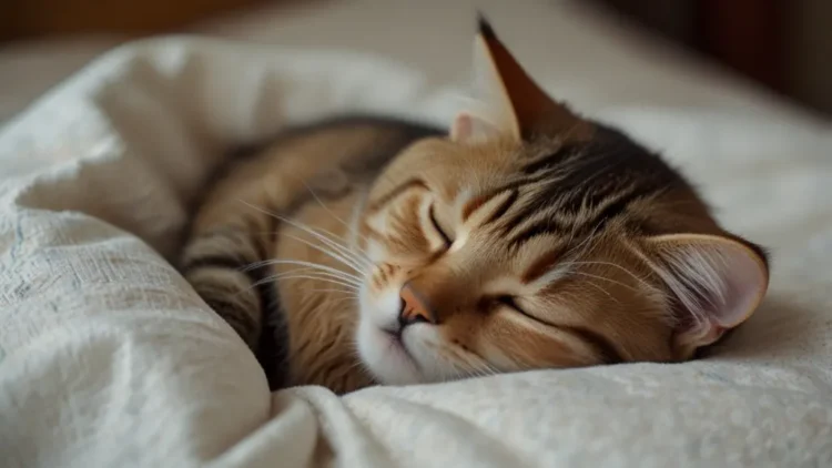 Cat sleeping at owner's feet displaying typical feline sleeping position and bonding behavior