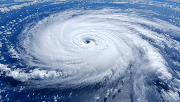 Typhoon viewed from above - powerful spiral storm formation