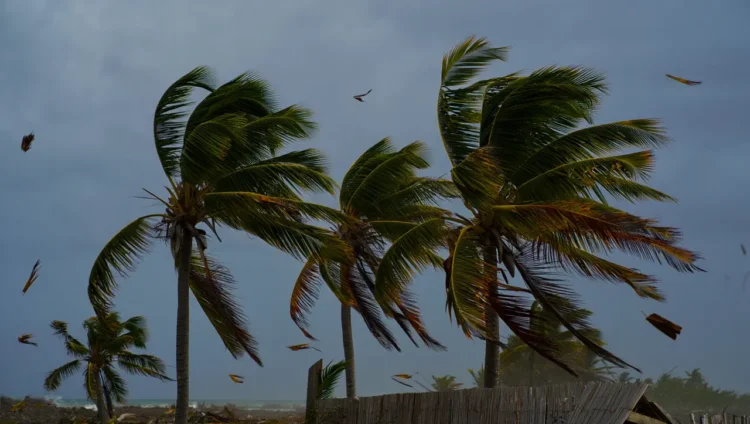 Hurricane with powerful winds and storm clouds