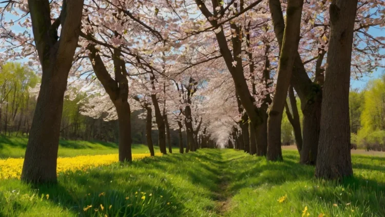 Living vs non-living nature: a sunny spring landscape with plants and trees